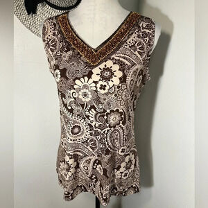 Charlotte Little, S, earth tone floral V neck tank with bead and lace detail